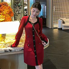 批发小香风2025年新款秋冬新年财阀千金战袍<b class='q'>连衣裙</b>V领针织毛衣裙内搭