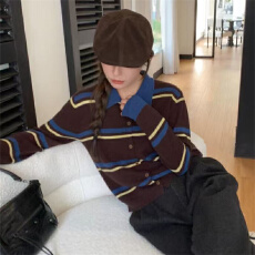 批发撞色条纹翻领羊毛针织开衫女<b class='q'>欧洲站</b>2025秋装新款欧货女装短外套潮