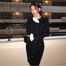 批发法式温柔风气质千金风喇叭袖针织连衣裙女秋冬收腰小香排扣<b class='q'>短裙</b>