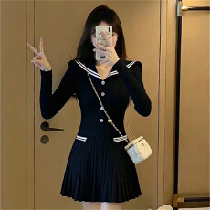 批发法式<b class='q'>黑色</b>海军领针织连衣裙子女2025新款早秋时髦修身显瘦百褶<b class='q'>短裙</b>