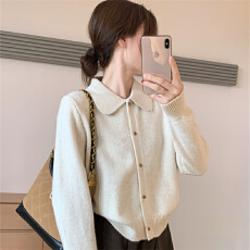 批发话里简约风娃娃领浣熊<b class='q'>开衫</b>2025秋季新款韩版翻领显瘦上衣<b class='q'>针织衫</b><b class='q'>女</b>