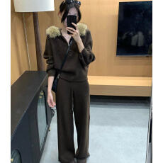 批发2025冬上新 时尚<b class='q'>套装</b><b class='q'>韩版</b>通勤保暖连帽毛领开衫+坑条针织裤二件套