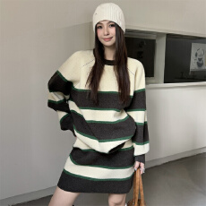批发2025冬季新款tutu<b class='q'>韩版</b>宽松圆领撞色条纹针织毛衣+半身裙两件<b class='q'>套装</b>