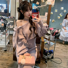 批发<b class='q'>针织</b>连衣裙女新款秋冬内搭包臀长裙<b class='q'>罩衫</b>两件套女高贵紫色套装裙子