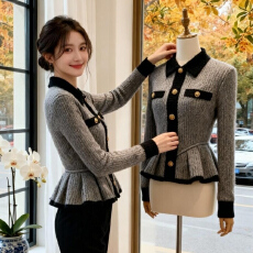 批发高级感韩系欧货设计感收腰<b class='q'>荷叶边</b>针织衫女秋冬撞色单排扣打底<b class='q'>毛衣</b>