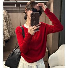 批发松弛感撞色假两件V领<b class='q'>针织衫</b><b class='q'>女</b>欧洲站冬装新款套头打底衫薄款<b class='q'>毛衣</b>