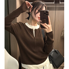 批发松弛感撞色假两件V领<b class='q'>针织衫</b><b class='q'>女</b>欧洲站冬装新款套头打底衫薄款<b class='q'>毛衣</b>