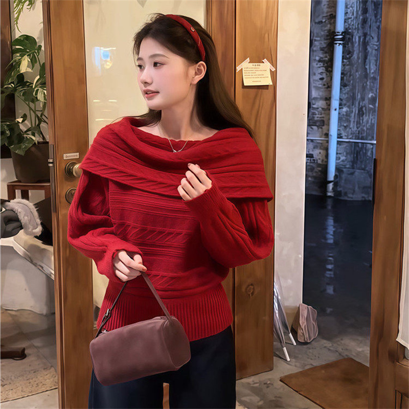 띠띠해 신년 분위기 센스 착용 가져 가라. 빨간색 오프숄더 꽈배기 스웨터 여자 가을 겨울철 오프숄더 니트 스웨터 맨위