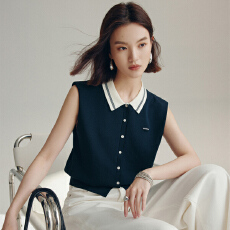 批发优雅经典翻领无袖针织开衫女MOFAN<b class='q'>摩</b><b class='q'>凡</b>夏装新款藏青色毛衫显瘦