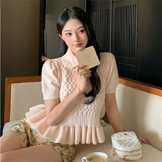 批发SourceWithU绵云奶霜4色云朵感针织衫扛起球波浪边蝴蝶结系带<b class='q'>上衣</b>