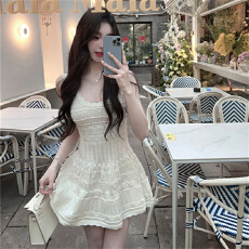 批发FairyJiang 春夏新款白色无袖冰丝针织背心<b class='q'>连衣裙</b>收腰a字吊带短裙