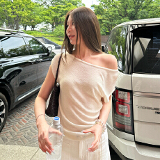 批发蝶宝嘻 夏日松弛vibe 天丝亚麻斜肩堆堆上衣修身短袖t恤<b class='q'>打底衫</b>女