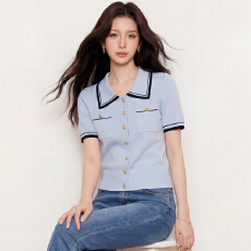 批发<b class='q'>正品</b>哥家新款2026夏季小香风POLO领短袖T恤女高级感撞色针织上衣