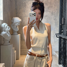 批发ComoCc 春日bella 天丝来塞尔亚麻针织挂脖上衣漏背吊带女夏