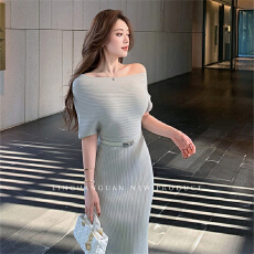 批发林关关法式小资斜肩针织<b class='q'>连衣裙</b><b class='q'>夏</b>季韩系气质修身收腰开叉包臀长裙