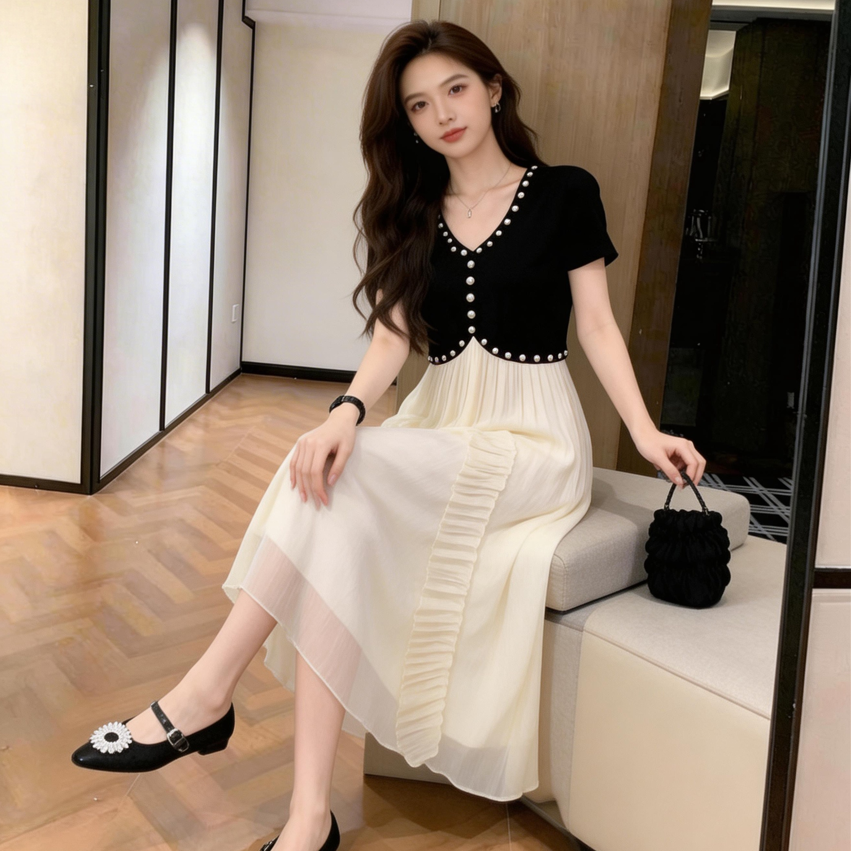 프랑스식 고급 센스 배색 패치워크 망사 여성 드레스 여름 새로운 다이아몬드 세팅 패션 품격 슬림해 보이는 요정 치마