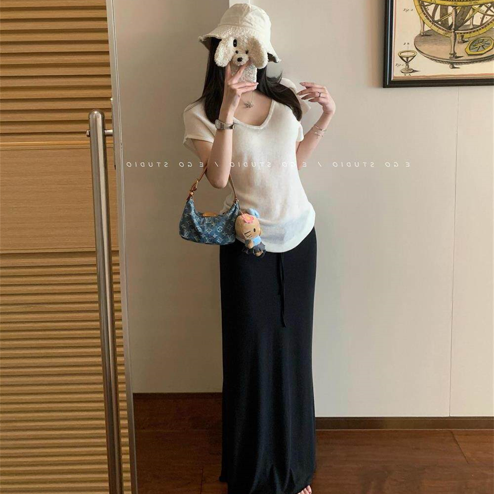 프랑스식 부드러운 바람 느슨함 센스 미니멀리즘 V넥 니트 스웨터 반팔 두 조각 여성 세트 여름 드레스 타이트 스커트 길다 순수한 욕망 세트