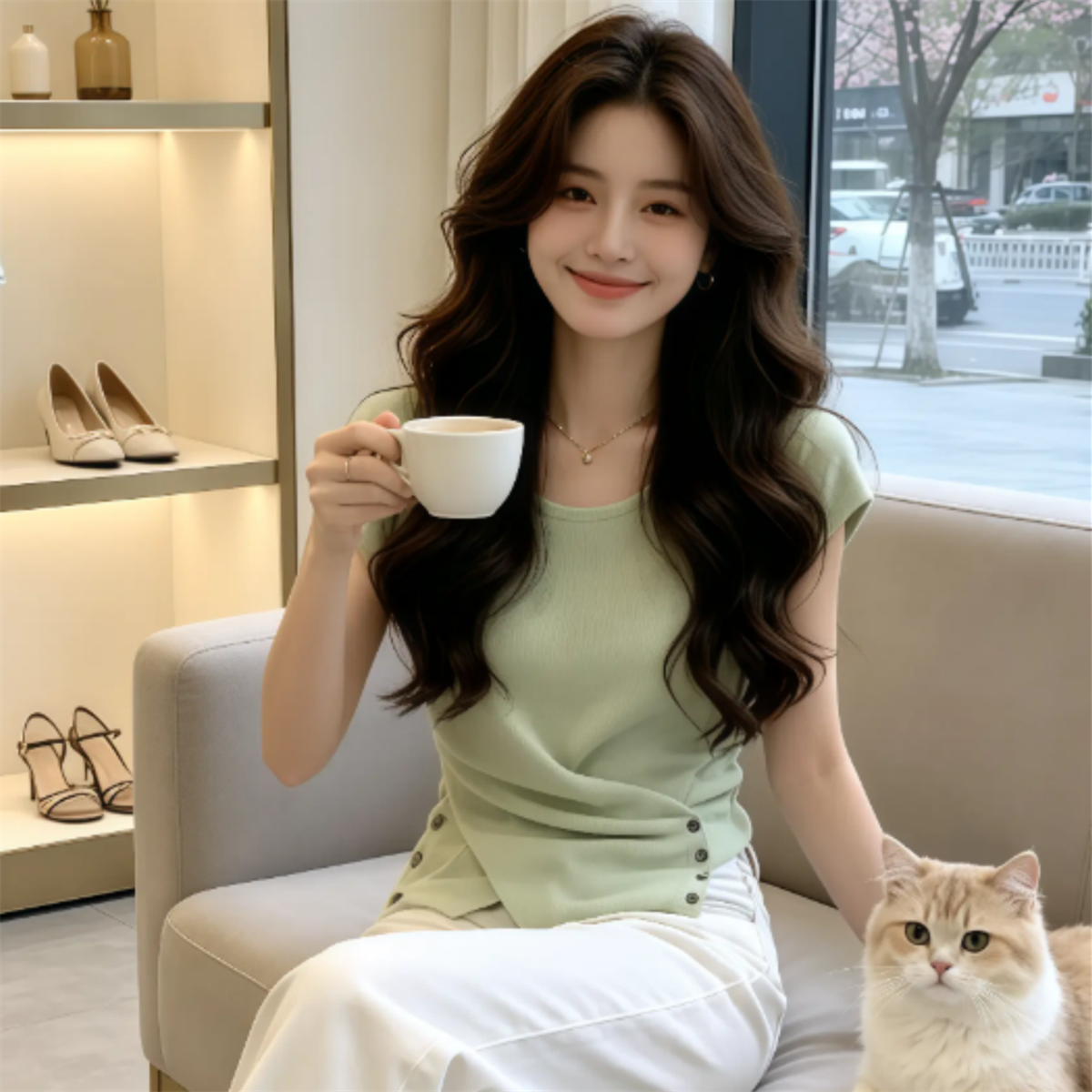 녹색 작은 날다 소매 허리 수축 긍정적 인 어깨 반팔 니트 스웨터 여성 2026 여름 새로운 패션 고급 센스 쇼트 스타일 맨위