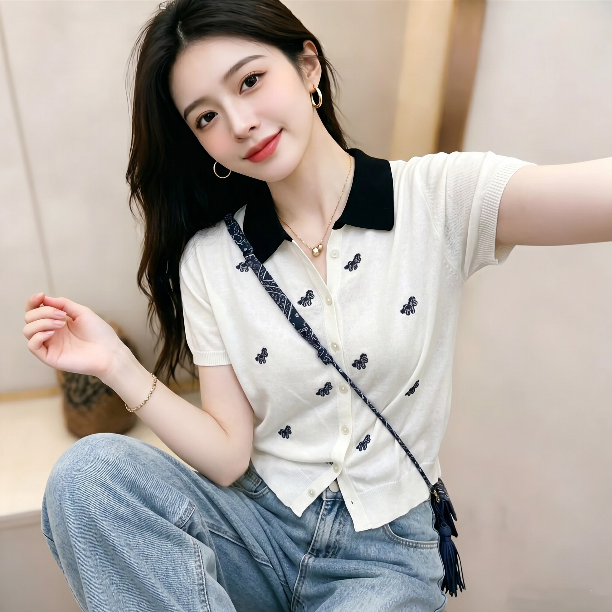여름 새로운 학원 스타일 작은 말 자수 POLO 칼라 반팔 니트 오픈 가디건 여성 다용도 슬림해 보이는 얇은 스타일 맨위