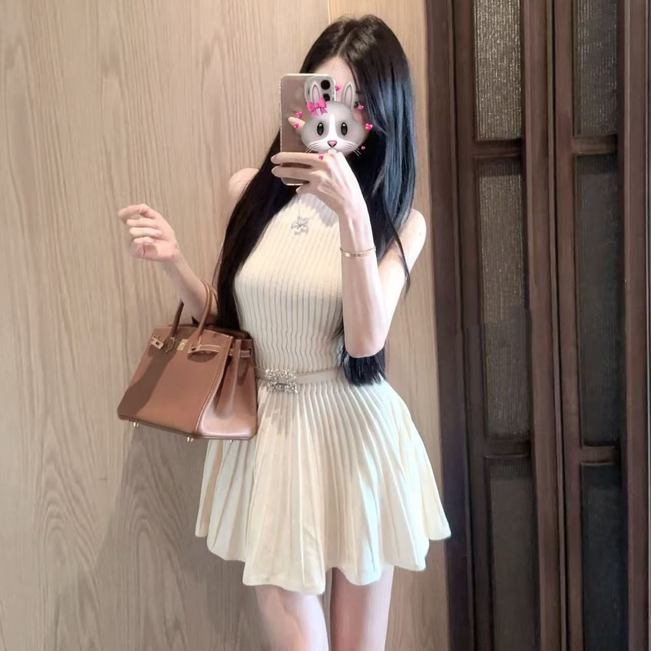 프랑스식 미니멀리즘 감기 품격 플리츠 여성 드레스 여름 드레스 구덩이 기사 꼬집기 허리 슬림해 보이는 작은 키 민소매 니트 원피스