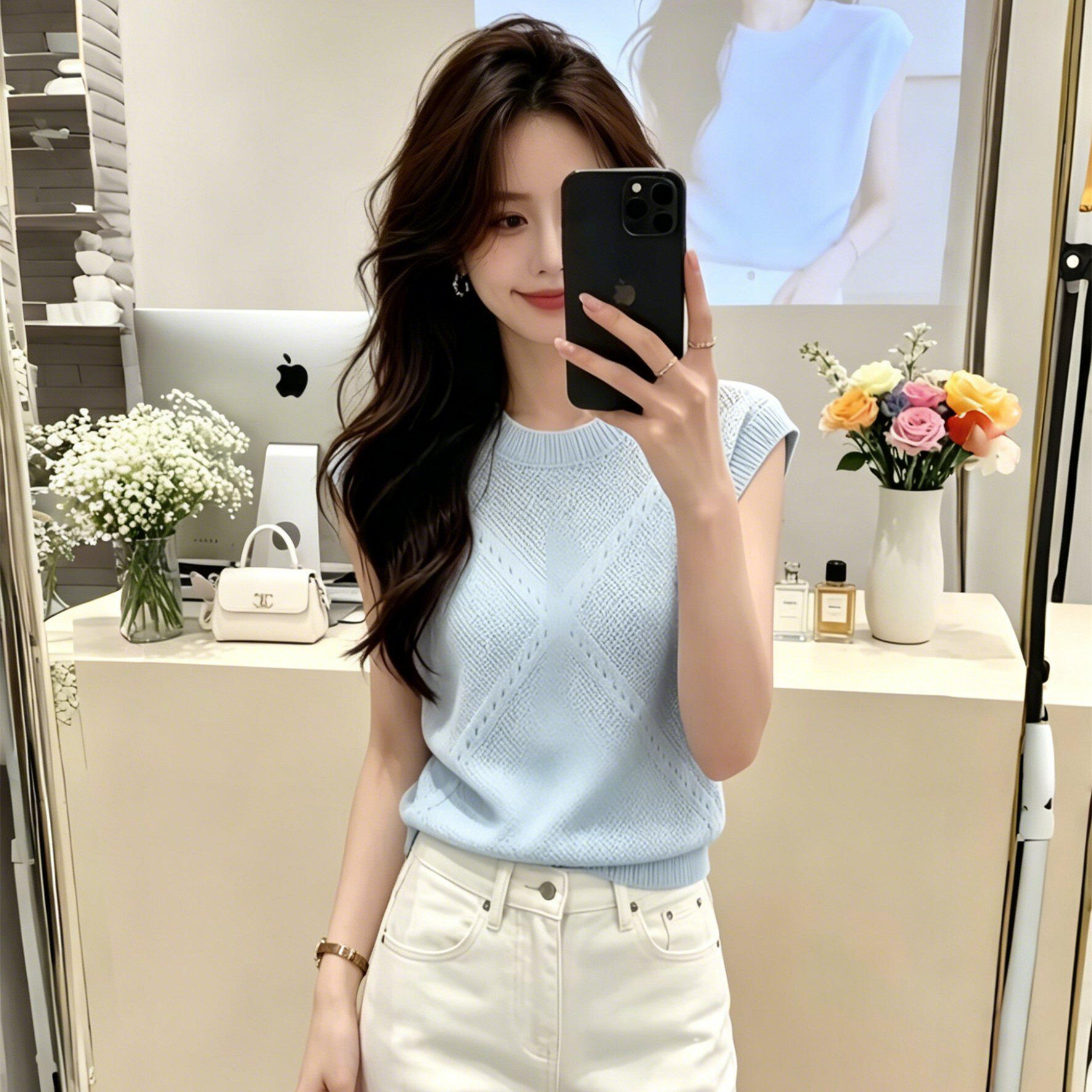 부드러운 파란색 라운드 넥 다이아몬드 모양 홀로우 아웃 민소매 니트 티셔츠 여성 여름 고급 사소한 작은 맨위 오래된 돈 바람 착용 가져 가라.