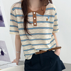 批发韩式学院风POLO领<b class='q'>条纹</b>短袖T恤女宽松显瘦百搭夏季薄款<b class='q'>针织</b>上衣潮