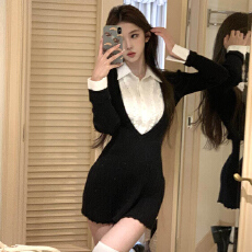 批发JMSHOP 纽约艺高 针织连衣裙女内搭裙假两件拼接衬衫领裙子百褶裙