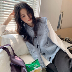 批发觅定蓝色牛角扣针织马甲背心女秋季2026新款韩系巨好看外穿上衣