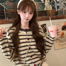 批发thepeachofficial【邻家小甜妹】韩系蕾丝花边条纹羊毛针织开衫女