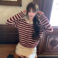 批发thepeachofficial邻家小甜妹韩系蕾丝花边条纹羊毛针织开衫女