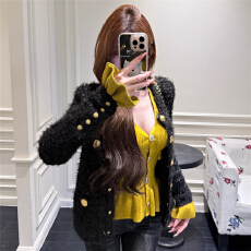 批发小香风金属扣垫肩西装<b class='q'>外套</b>女气质名媛高级感针织毛衣开衫上衣秋冬
