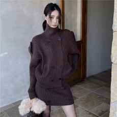批发复古气质双排扣开衫毛衣外套半身短裙两件套女秋季慵懒松弛感套装