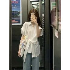 批发白色短袖衬衫上衣2026夏季新款小衫不规则法式高级感收腰衬衣女装