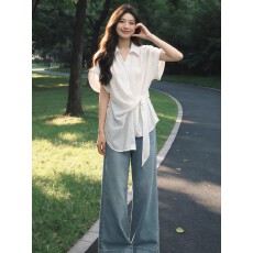 批发设计感白色系带短袖衬衫女2026年夏新款慵懒宽松气衬衣质收腰上衣