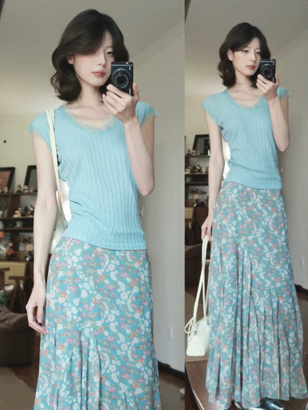 연령 감소 전체 집합 ootd 착용 가져 가라. 부드러운 바람 슈퍼 잘 생긴 맨위 꽃무늬 반신 스커트 두 조각 세트 드레스 26 여름