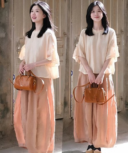 여름 한 부서 착용 가져 가라. 전체 집합 감기 느슨함 센스 착용 가져 가라. 고유 한 아름다운 품격 알몸의 핑크색 면 린넨 세트 바지