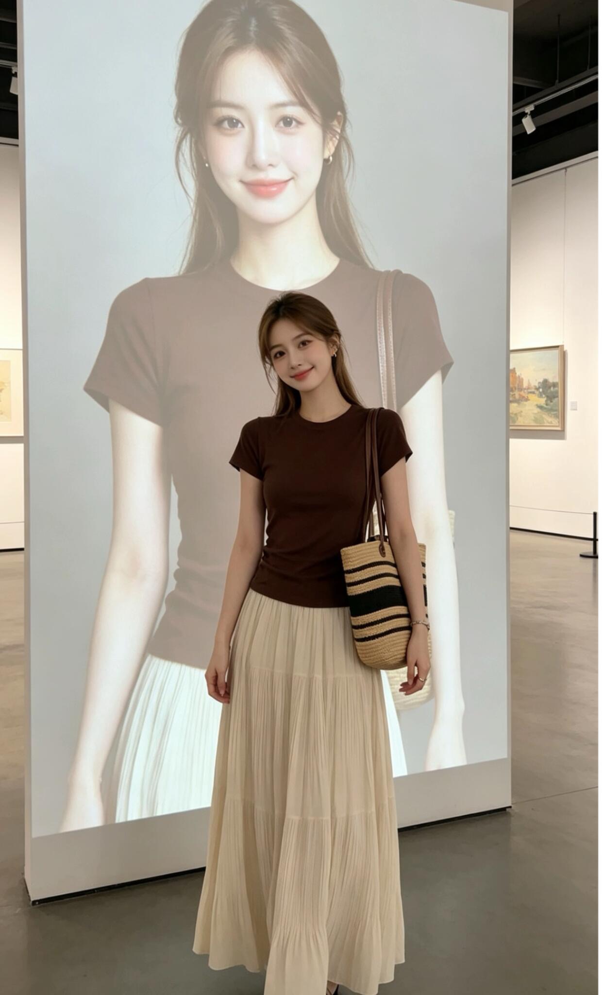 로얄 자매 빛 요리 한 바람 세트 여성 여름 새로운 커피 색상 반팔 니트 스웨터 플리츠 반신 롱 스커트 슬림해 보이는 투피스 세트