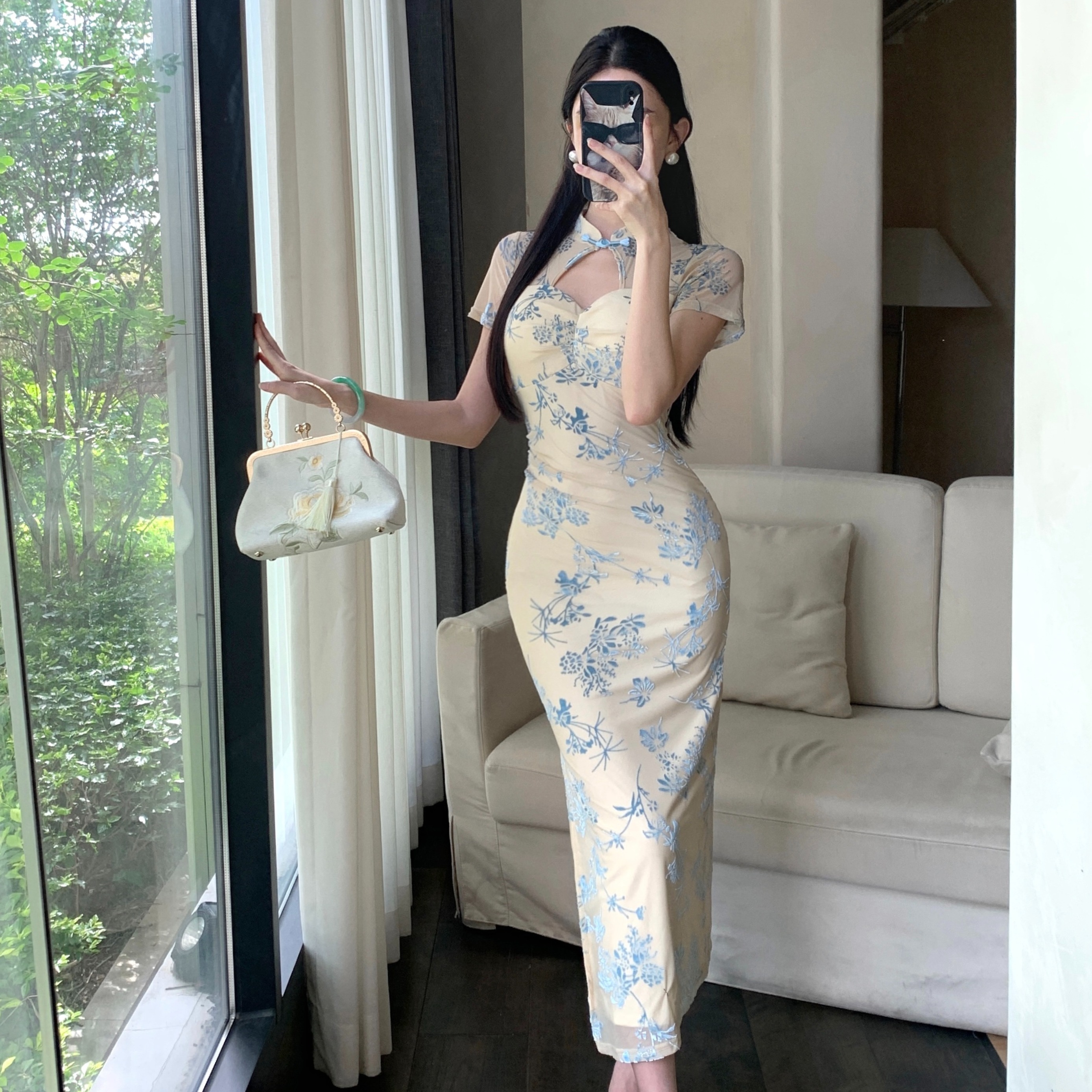 FA33567# 新中式国风提花改良旗袍短袖连衣裙女高级性感修身包臀长裙子 服裝批發女裝批發服飾貨源