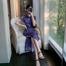 批发实拍新中式百搭网纱印花性感开叉收腰褶皱显瘦长款<b class='q'>旗袍</b>连衣裙