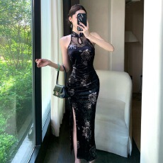 批发实拍新中式改良旗袍蕾丝拼接丝绒印花性感无袖包臀连衣<b class='q'>裙子</b>