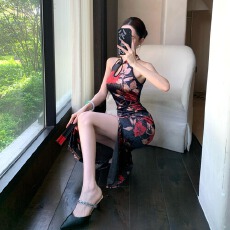 批发新款复古新中式旗袍丝绒无袖修身显瘦长裙性感大摆开叉连衣裙