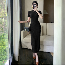 批发实拍新中式复古改良盘扣暗花旗袍气质显瘦中长裙双开叉包臀连衣裙