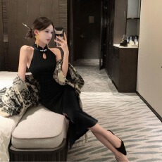 批发实拍新中式无袖旗袍金丝绒黑色显瘦开叉性感包臀裙连衣裙