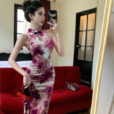 批发实拍新中式旗袍年轻款百搭丝绒印花性感无袖修身收腰连衣裙