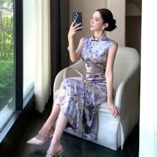 批发实拍新中式丝绒印花改良旗袍显瘦性感无袖开叉大摆裙连衣裙