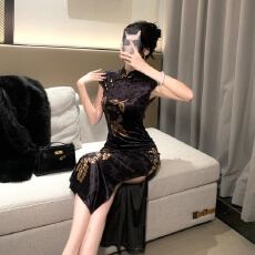 批发实拍新中式旗袍短袖百搭丝绒印花性感显瘦修身收腰连衣裙子