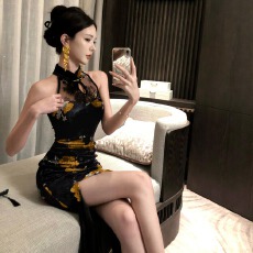 批发实拍新中式国风百搭旗袍蕾丝拼接丝绒印花无袖包臀连衣裙