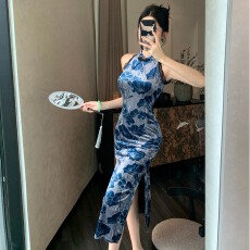 批发实拍新中式无袖旗袍金丝绒印花显瘦开叉性感包臀裙连衣裙