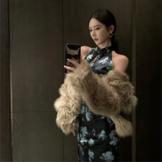 批发实拍款新中式旗袍丝绒印花性感无袖显瘦收腰开叉包臀连衣裙