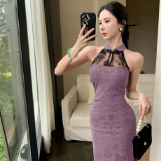 批发新中式改良旗袍百搭无袖百搭提花拼接蕾丝修身显瘦连衣裙